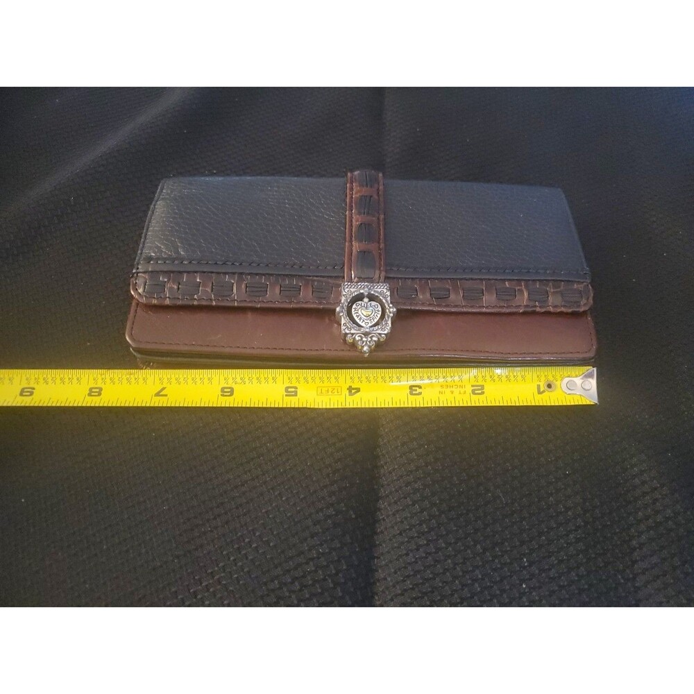 Brighton Black & Brown Leather w/silver Heart Button Close Checkbook I.D. wallet - Picture 11 of 12